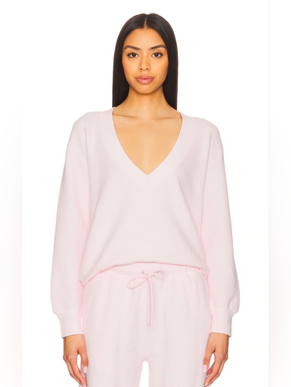 NEGATIVE UNDERWEAR Waffle Knit Deep V Pullover Pink Size Large